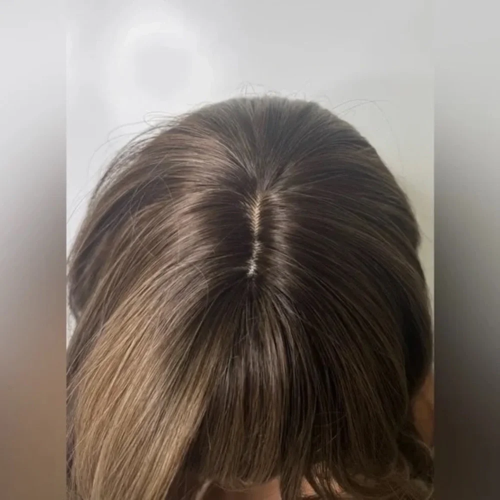 Long Wavy Wig with Curtain Bangs – Medium Brown with Soft Caramel Highlights - Picture 8 of 13